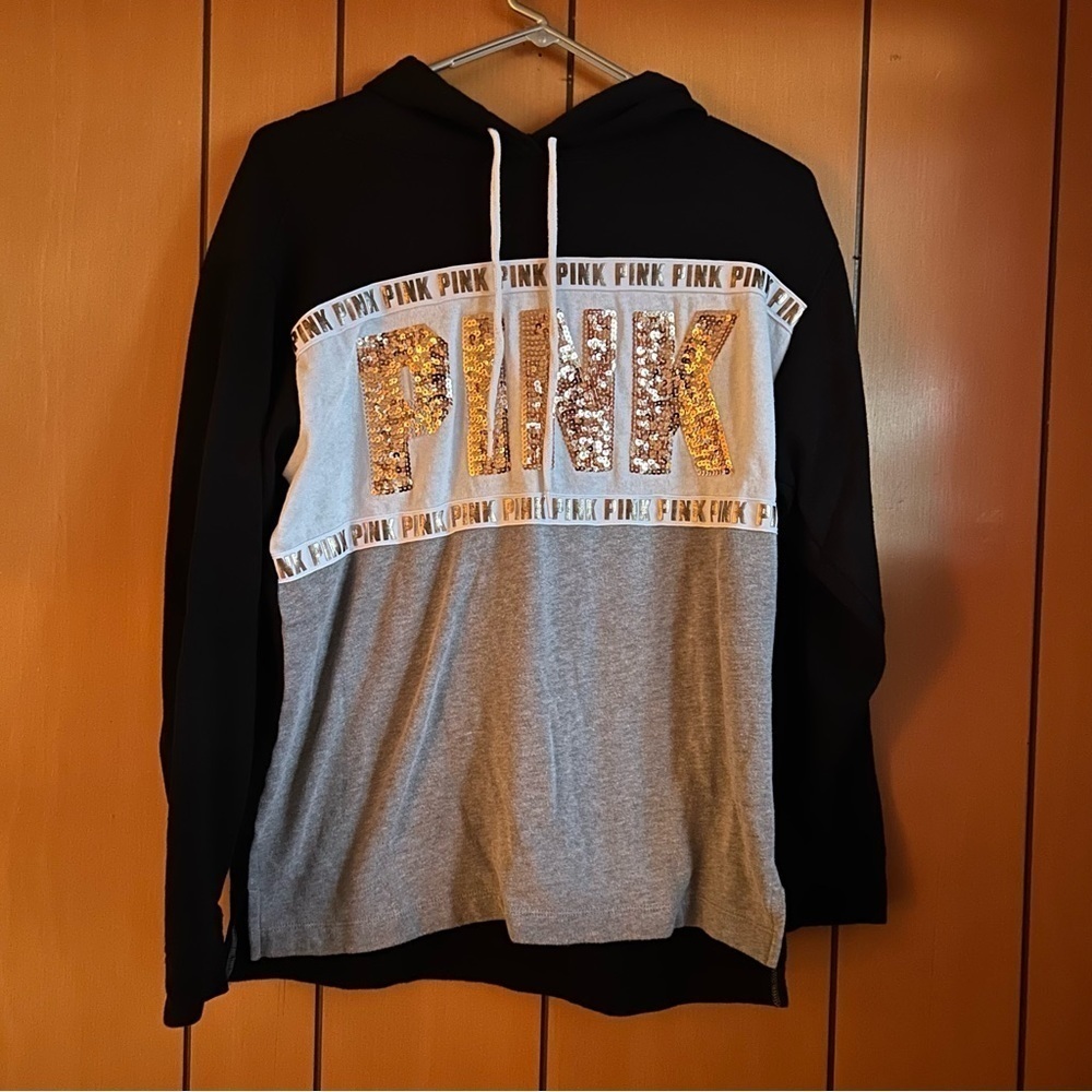 PINK Victoria’s Secret Cali Black & Gold Pullover Long Sleeve Hoodie Size XS